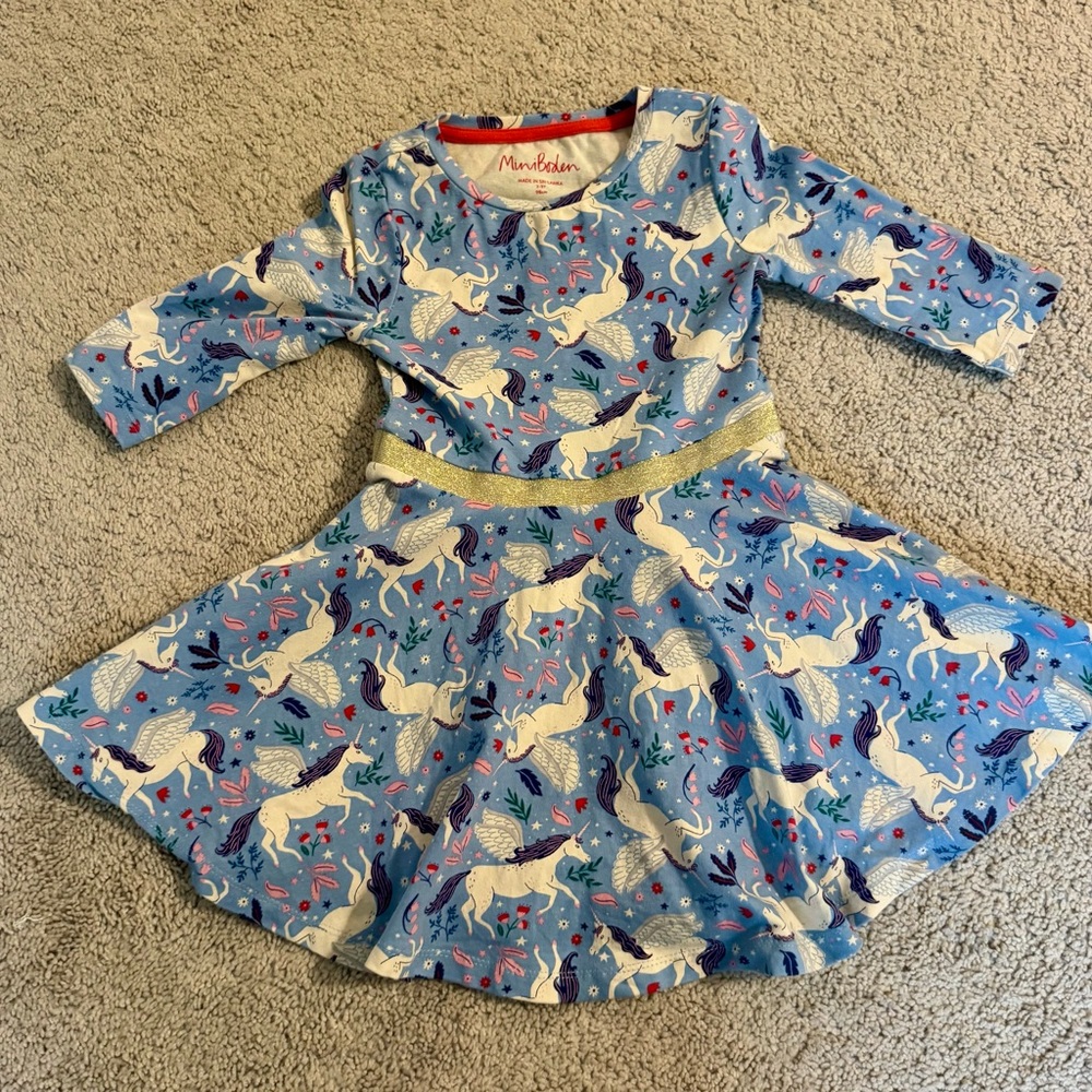 2-3Y Mini Boden Blue Unicorn Print Dress
